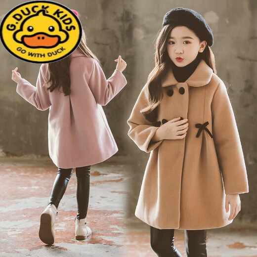 G.DUCKKIDS Girls' Autumn and Winter Style Double-sided Woolen Coat for Medium and Large Children Korean Style Western Style Children's Thickened Woolen Cotton Coat Coat Trendy Pink Bow Woolen Coat 120 Recommended for 6-7 years old