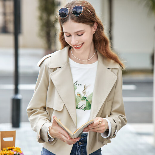 Betu Women's Clothing 2023 Autumn New Windbreaker Classic British Style Lapel Short Windbreaker Women 2308T56 Khaki S