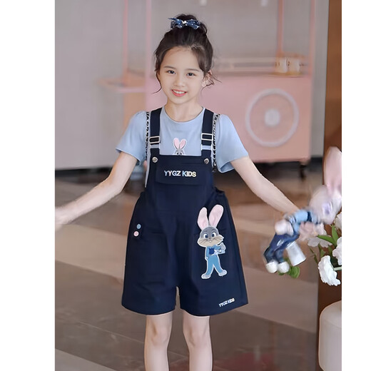 Disney Girls Overalls Anzugs Sommer 2025 Neues Kindermodusanzug Mädchen Judy Kurzärärmelte zweiteilige Bildfarbeanzug 140 Größe 9 ~ 10 Jahre alt [130-140 cm]