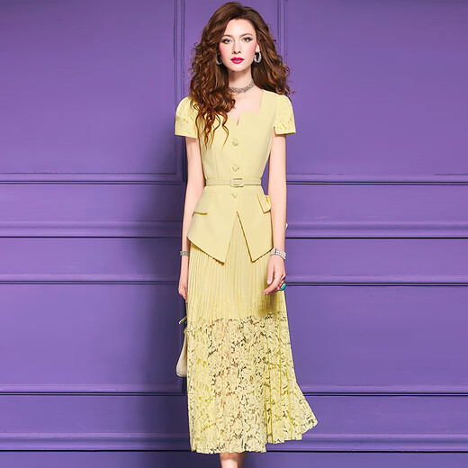 Feimeng Yigan's age-reducing set of women's summer design ruffled waist top lace pleated skirt goose yellow M