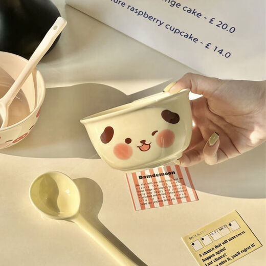 Good-looking puppy and piggy ceramic bowl cute girl rice bowl ins household underglaze color macaron tableware soup bowl pink piggy one bowl one spoon recommended model