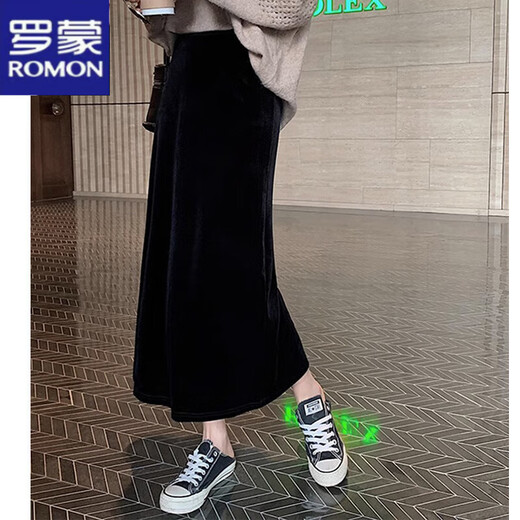 Luo Meng Golden Velvet Skirt Women's 2024 Autumn and Winter Korean Style Casual Temperament Slim Long Versatile Hip-covering A-Line Skirt Black XL