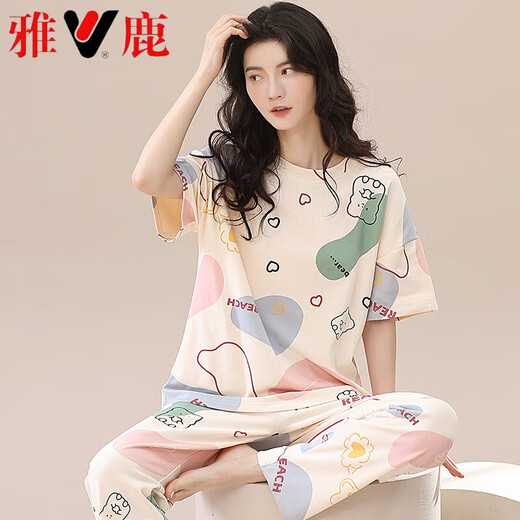 雅鹿2025年新款睡衣女夏棉质短袖长裤春秋夏款女士家居服薄款两件套装 ZH-9720 M