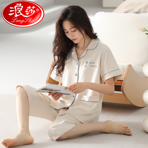 
LangSha 2025 new pajamas for women in summer thin pure cotton short-sleeved cropped pants home clothes for women in summer can wear out suits 9898# 2XL [Suggested 140-160Jin [Jin equals 0.5 kg]]