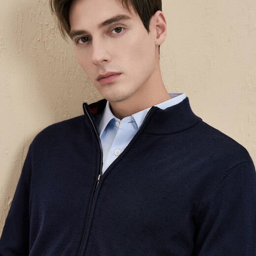 EMZ Ordos machine washable autumn and winter antibacterial casual men's warm pure wool knitted cardigan sweater jacket Navy XL 180/96A