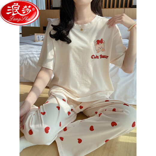 Langsha Pajamas Summer Cotton puro algodón 2025 Nuevo pantalones de manga corta Simples Cartoon Home Traje Spring y Otoño Wear 6626 Puppy de pollo amarillo M