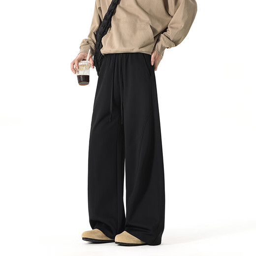Homlean American solid color sports casual pants for autumn men's simple fashion loose straight wide leg long pants JX15 black XL