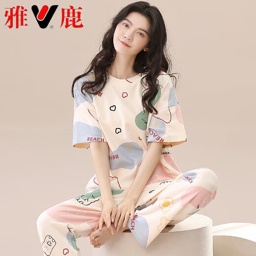 雅鹿2025年新款睡衣女夏棉质短袖长裤春秋夏款女士家居服薄款两件套装 ZH-9720 M