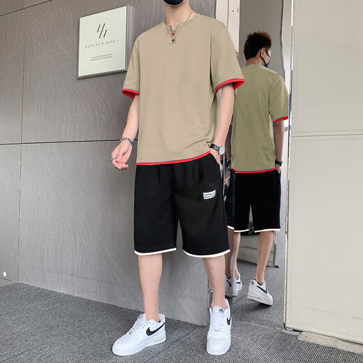 骆驼（CAMEL）男士短袖t恤夏季时尚冰丝运动套装休闲旅游轻便男装短裤搭配一套 6227白色+K201黑白边 XL