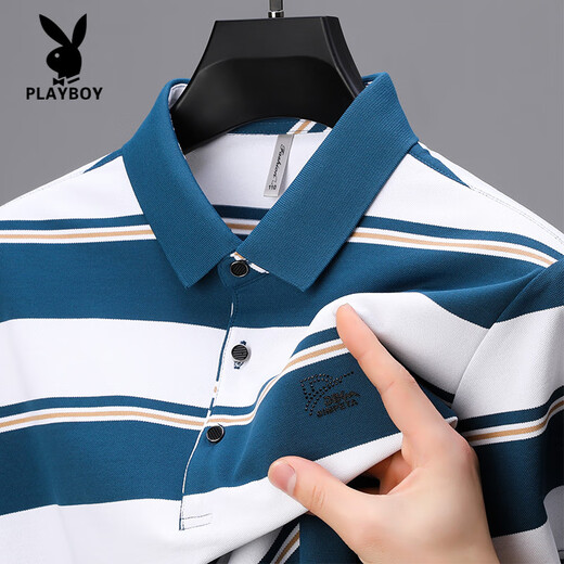 花花公子（PLAYBOY）高端夏季中年T恤男士POLO衫休闲爸爸装条纹商务冰丝透气宽松翻领 6636-红色 3XL
