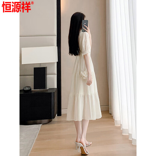 恒源祥连衣裙女新中式国风短袖刺绣2025新款夏季甜美温柔小个子纯色长裙 米白色 2XL 【建议128-138斤】