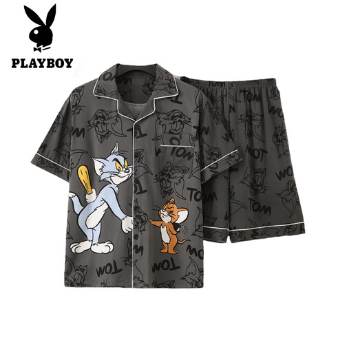 花花公子（PLAYBOY）纯棉男夏季薄款学生卡通大码宽松短袖外穿男士家居服休闲套装 3271短袖套装 M (70-100斤)
