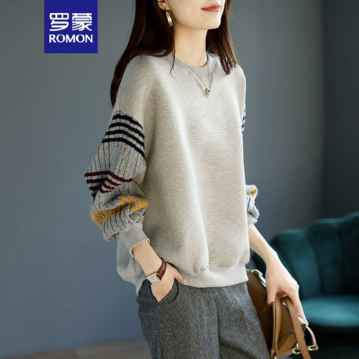 ROMON Autumn and Winter Pullover Sweater Women's 2024 New Spring and Autumn Loose Slim Short Jacket Women's Casual Bottoming Top Gray XL (120-135Jin Jin equals 0.5kg)