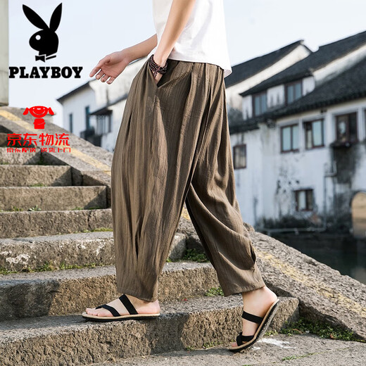 Playboy (PLAYBOY) ice silk wide-leg pants men's nine-point pants men's pants Chinese style bloomers large size loose harem pants khaki 2XL 145-160Jin [Jin equals 0.5 kg]