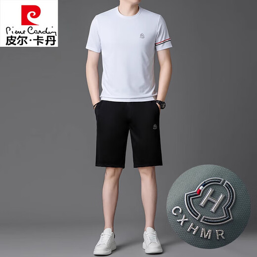 皮尔卡丹高端桑蚕丝运动套装男士2025夏季冰.丝短袖T恤男装套装休闲两件套 白色套装【13603-1】 M 165 【适合体重100-120斤】