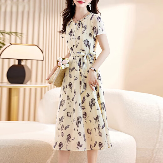 
XAE luxury high-end brand short-sleeved dress for women 2025 summer new small French slim floral chiffon skirt with rice black flowers XL