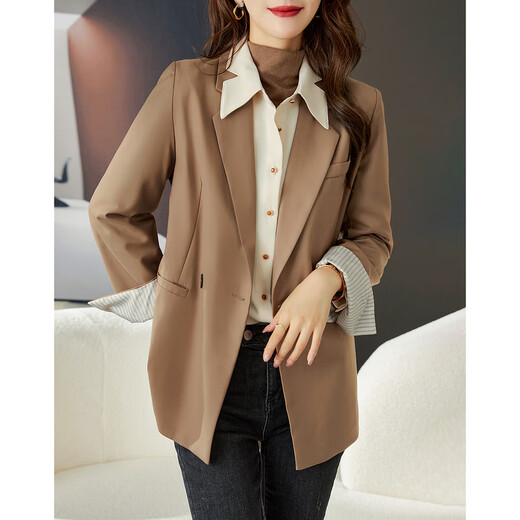 Lost Time Casual Small Blazer Women's 2024 Autumn New Style Small Contrast Color Turn-Sleeve Top Coffee XL