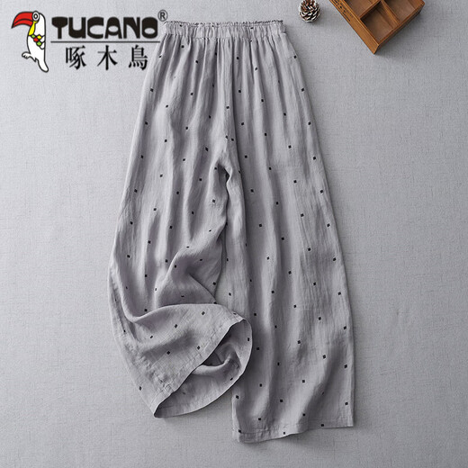 Woodpecker cotton linen polka dot wide-leg pants for women in summer elastic waist lace draped slim casual pants linen nine-point straight pants gray M [90-115Jin[Jin equals 0.5 kg]]