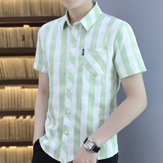 Hailan Home's brand plaid shirt men's short-sleeved summer casual handsome Korean style slim-fit trendy men's shirt 100 838 green 3XL 147-160Jin [Jin equals 0.5 kg]