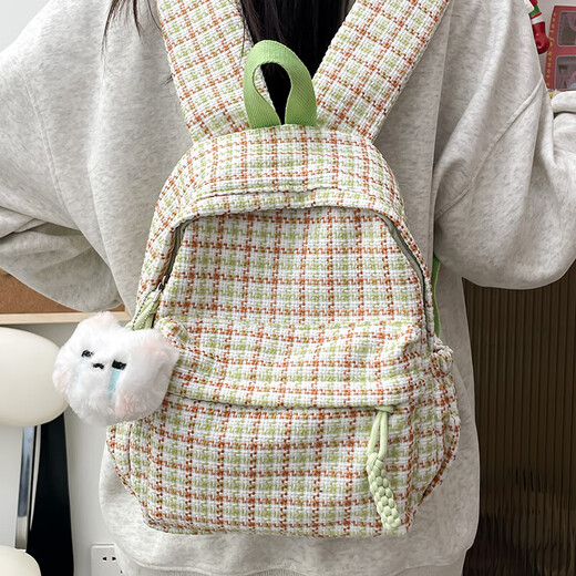 日系ins格子书包女生新款小众可爱背包大学生休闲百搭旅行双肩包 浅黄色 加挂件