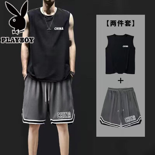 Playboy (PLAYBOY) ice silk sports vest shorts suit for men summer running and fitness large size quick-drying sleeveless vest basketball loose CHINA vest gray + shorts black 2 pieces collection XL Recommended 115-130Jin [Jin equals 0.5 kg]