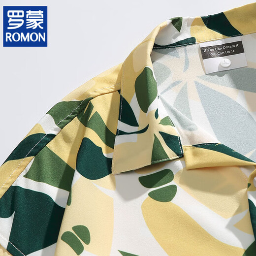 
ROMON (ROMON) green short-sleeved floral shirt summer men Chinese style handsome outside casual breathable ice silk shirt men 6636 Taihu Green L