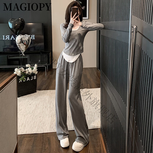 MAGIOPY国际奢侈高档品牌松弛感休闲运动套装女秋季款修身灰色假两件长袖 灰色 M(101-110斤)