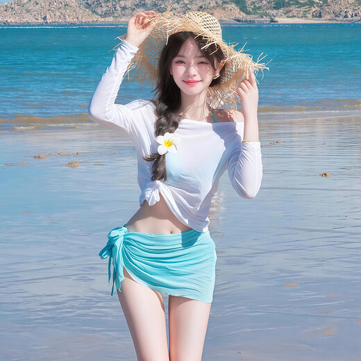 Lugeli Bikini Women's Swimsuit Women's New Beach Hot Spring Sexy Small Fresh Long-Sleeved Blouse Split Resort Swimsuit Tiffany Blue Four-piece Set Recommended 80-120 Jin Jin equals 0.5 kg