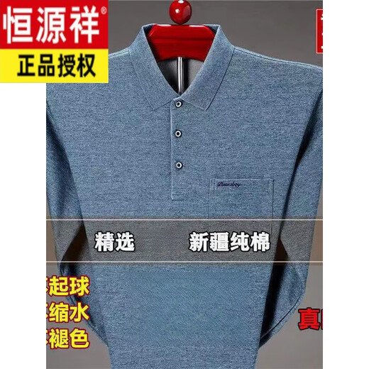 恒源祥春秋新品纯棉长袖T恤男翻领保罗衫中老年人宽松真口袋爸爸装t恤衫 9902蓝色 M 165建议90-120斤