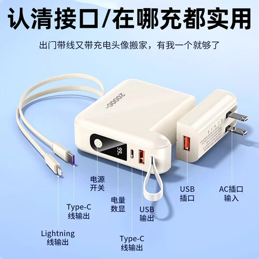 Jiabolan National 3C Certification丨20000mAh Power Bank Super Fast Charging Suitable for Xiaomi and Apple Power Bank Large Capacity Can Go on Airplanes Comes with Cord Outdoor Compact Top Edition Detachable Dual Fast Charging Cables/AC Plug/Smart Digital Display 20000mAh 3C Certification + Can Go on Planes + Super Fast Charging