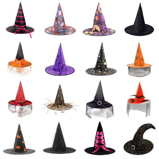 Halloween Hat Witch Party Decoration Corner Mesh Pumpkin Print Magician Witch Hat Black Pointed Wizard Hat Pleated Witch Hat-Black One Size