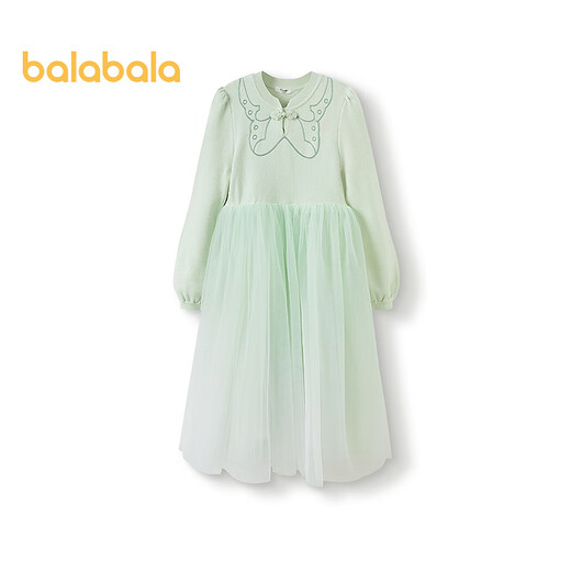 Balabala Children's Clothing Children's Dress Autumn and Winter Girls Woolen Splicing Mesh Princess Dress Western Fashionable Sweet Green Tone 00344 140