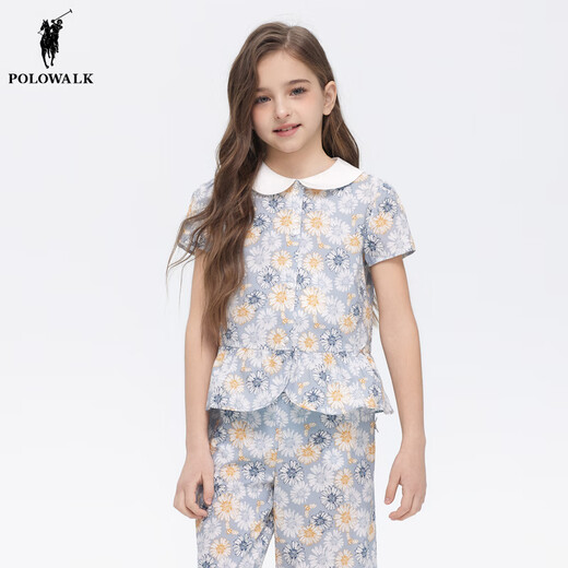 POLOWALK 100% cotton children's clothing girls short-sleeved shirt 2025 summer new printed versatile top blue 120