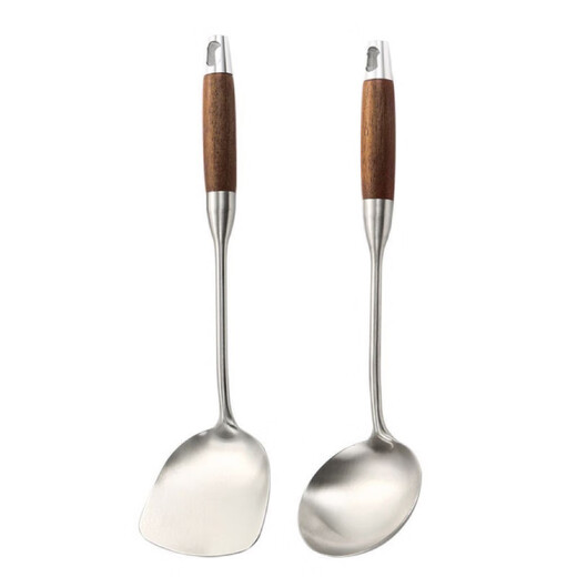 Fat Donglai thickened 316 stainless steel kitchen utensil set for home kitchen cooking spatula and ladle, German 316 material, wood grain plastic handle, spatula + soup spoon + frying spatula + colander, 4-piece set (