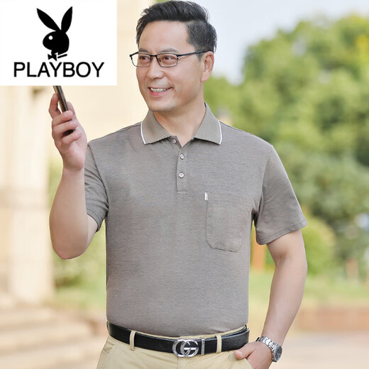 花花公子（PLAYBOY）新款爸爸短袖T恤男夏中年男装夏季中老年人男士夏装冰丝光棉上衣 691-灰色 L