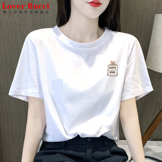 LOVER RUCCI dark gray pure cotton short-sleeved T-shirt for women 2025 new summer fashionable round neck print niche half-sleeved top T-shirt 6197 dark gray regular style (pink print) S 80-100Jin [Jin equals 0.5 kg]