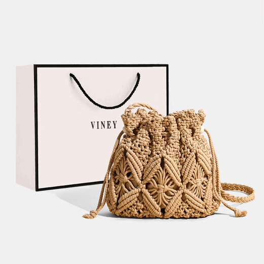 viney品牌编织包包女包通勤水桶包斜挎包生日礼物送女友老婆 【卡其色】海边度假沙滩包 大容量时尚百搭休闲实用单肩包