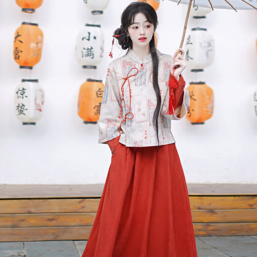 AEMAPE新中式女装两件套装春秋中国风复古多巴胺新款上衣改良汉服半身裙 雪纺两件套仕女红YY9764 L 110-120斤左右