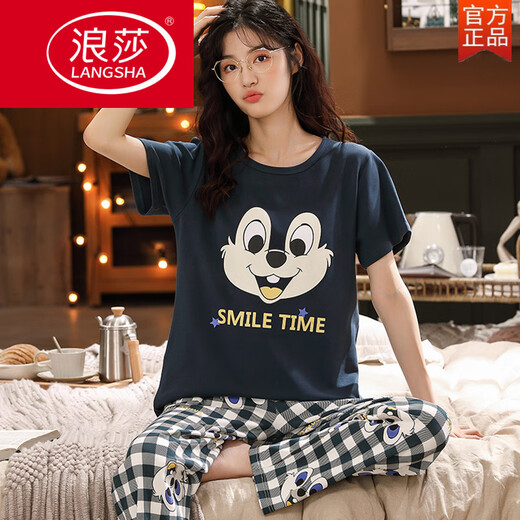 浪莎（LangSha）睡衣女夏季套头纯棉短袖长裤胖加肥加大码宽松200斤卡通家居服 3519白龙猫短-袖长-裤 M 标准女 80-100斤