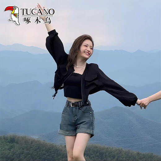 啄木鸟2025年新款夏季收腰短款宽松防晒外套女小个子白色开衫上衣空调衫 米白色 M 建议80-100斤