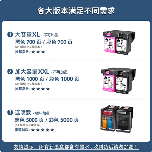 Yuehui convient aux cartouches HP 36 à encre 47 Couleur 1285 1286 1288 1289 2385 2386 2388 2389 [Black + Spray continu coloré] Environ 10 000 pages - 120 ml d'encre