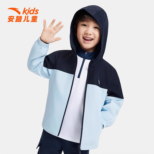 ANTA Jacket Boys 2025 Autumn New Hooded Sports Top Stand Collar Windproof and Water-Repellent Warm Jacket 7601-5 Late Night Blue/Sky Blue 150