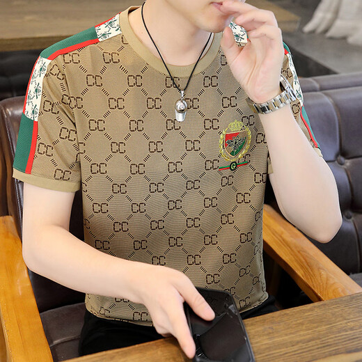 DVHNMK Luxusmarke Herren Eisseide kurzärmeliges T-Shirt für Herren Sommermode lässige dünne antibakterielle runde Hals freies Eisen-T-Shirt Kaffee m