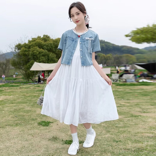奥特曼儿童装女童连衣裙夏装新款洋气公主裙夏季时髦大童牛仔裙两件套S 白色两件套 110 cm