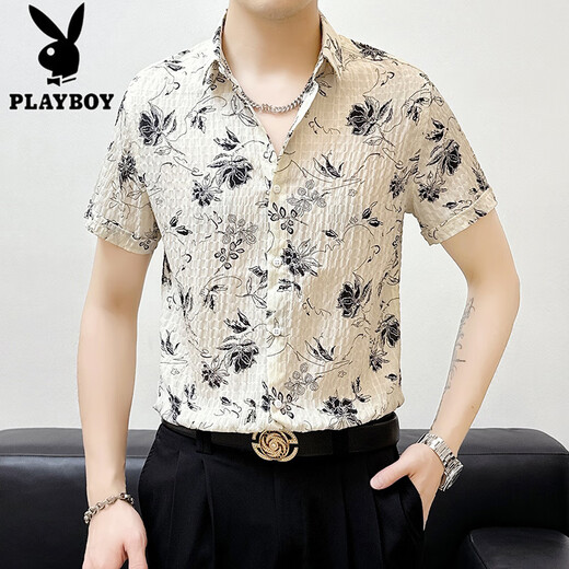 Playboy (playboy) glace Slim Slim Short à manches à manches à manches courtes pour hommes Summer Casual Ir-Irging Mid-Marseved Clothing Men's Clothing Bk679 Black M