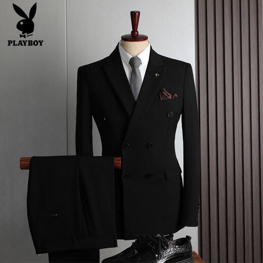 Playboy (PLAYBOY) Official Double-breasted Men's Suit Striped Stretch Casual Banquet Groom Wedding Dress Suit Double-breasted Classic Black (Jacket + Pants) XL