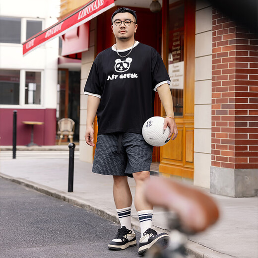 韦恩泽维尔 WAYNEXZAVIER250g韦恩泽维尔加大宽松大码男夏圆领撞色包边卡通印花T恤9195 黑色 2XL(160斤-210斤) 均码