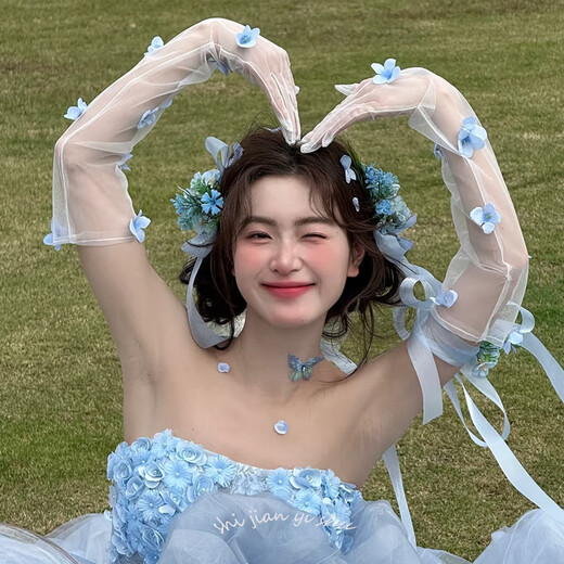 YWZR新娘头饰甜美蓝色花朵飘带发夹仙美结婚礼服发饰婚纱礼服跟妆配饰 手套