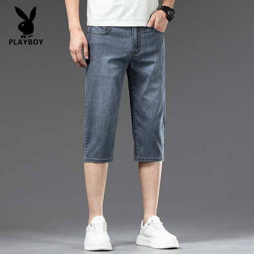 花花公子（PLAYBOY）高端天丝凉感七分牛仔裤男士夏季薄款宽松直筒冰丝短裤潮流休闲 757冰砂蓝+759砂洗蓝 28 腰围二尺一