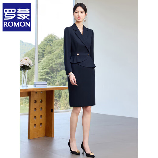 罗蒙（ROMON）新款藏青色高级感假两件连衣裙修身显瘦气质时尚职场工作服 藏青色 连衣裙 L